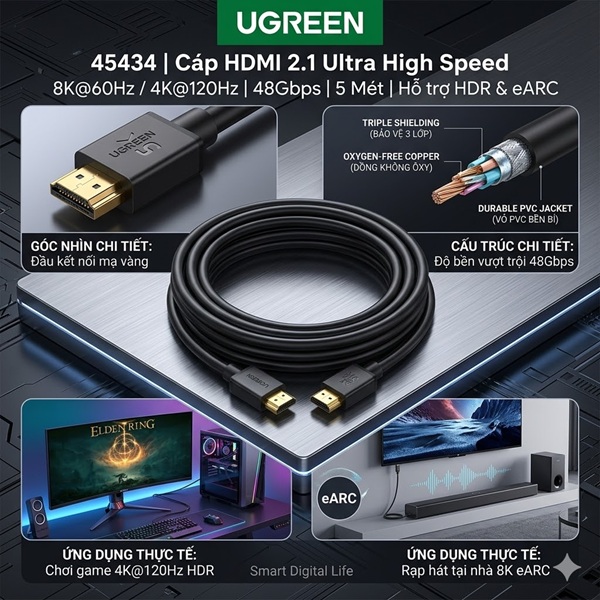 Cáp HDMI 2.1 dài 5M 8K@60Hz 48Gbps hỗ trợ HDR eARC Ugreen 45434